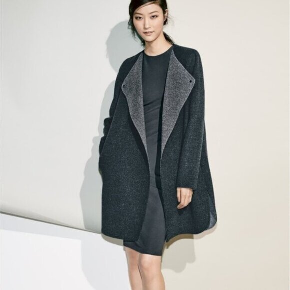 Vince Asymmetrical Draped Two-Tone Wool Coat | Charcoal Heather Grey Extra Small - Picture 3 of 16
